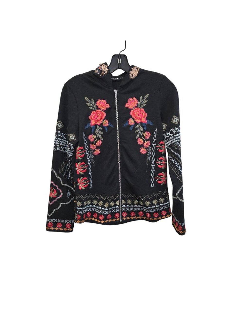 Dor Dor Couture Small Black Bohemian zip-up Hoodie Bright Floral Embroidery 0400